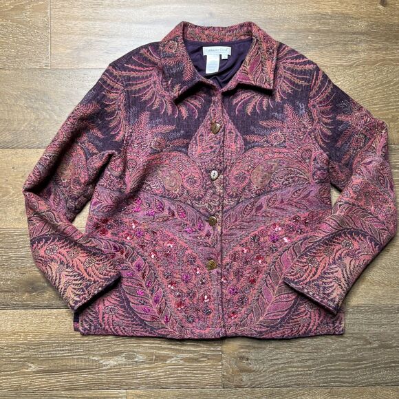 Coldwater Creek Wool Beaded Jacket Womens Large Purple Floral India Wood Buttons - Picture 1 of 9